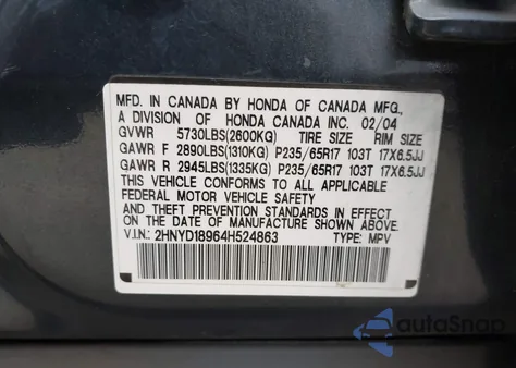 2004 Acura Mdx from USA, damaged, VIN 2HNYD18964H524863